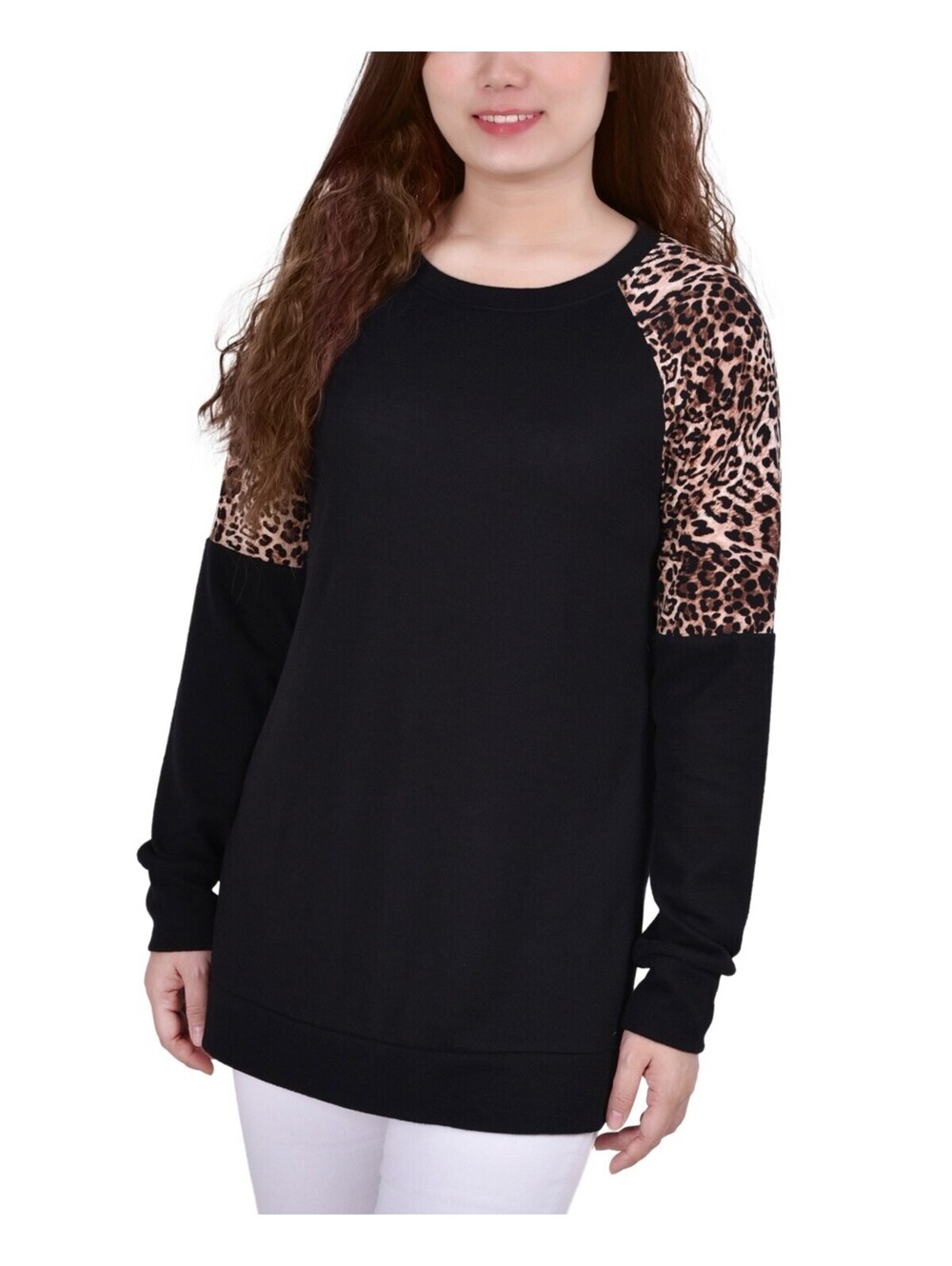 NY Collection Petite Long Raglan Sleeve Tuni Black, Brown, Animal PS